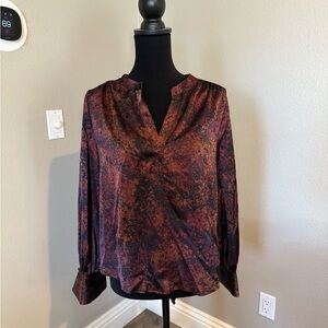 Evereve Red Blouse with Puff Sleeves and Mandarin Collar